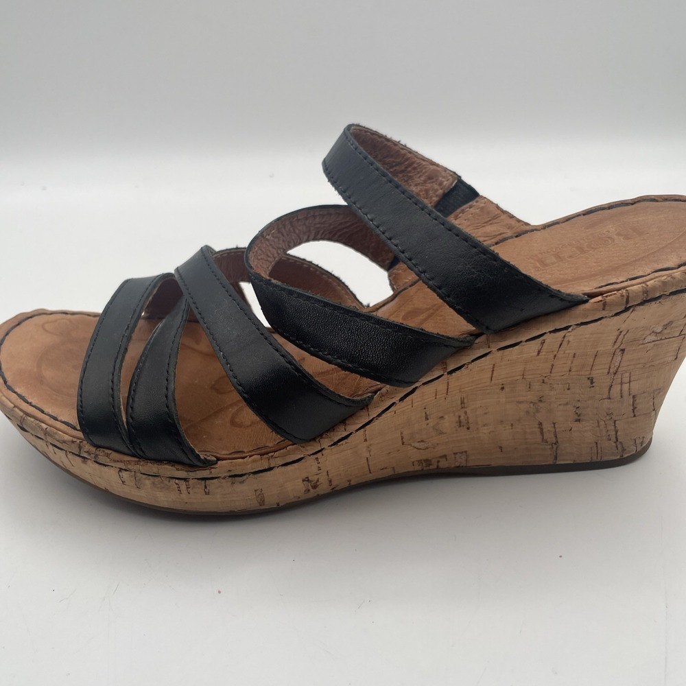 Born Women's Wedge Sandal Size 7/38 Cork Heel Platform Black Leather Strappy - Picture 3 of 9